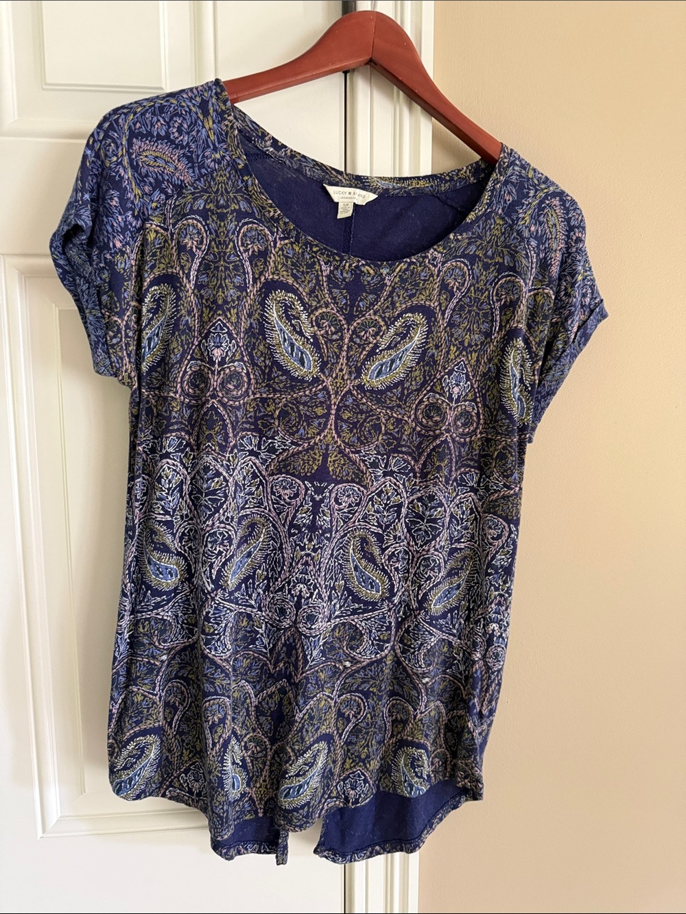 Lucky Brand Navy Paisley Short Sleeve Tee with Olive Accents